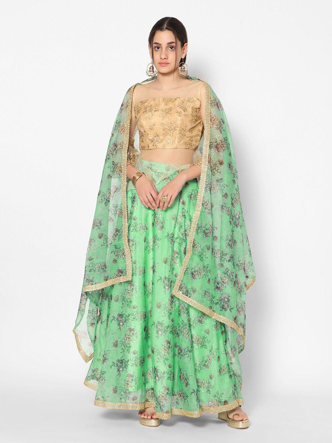 kiya women green & gold-toned sequinned ready to wear lehenga & blouse with dupatta