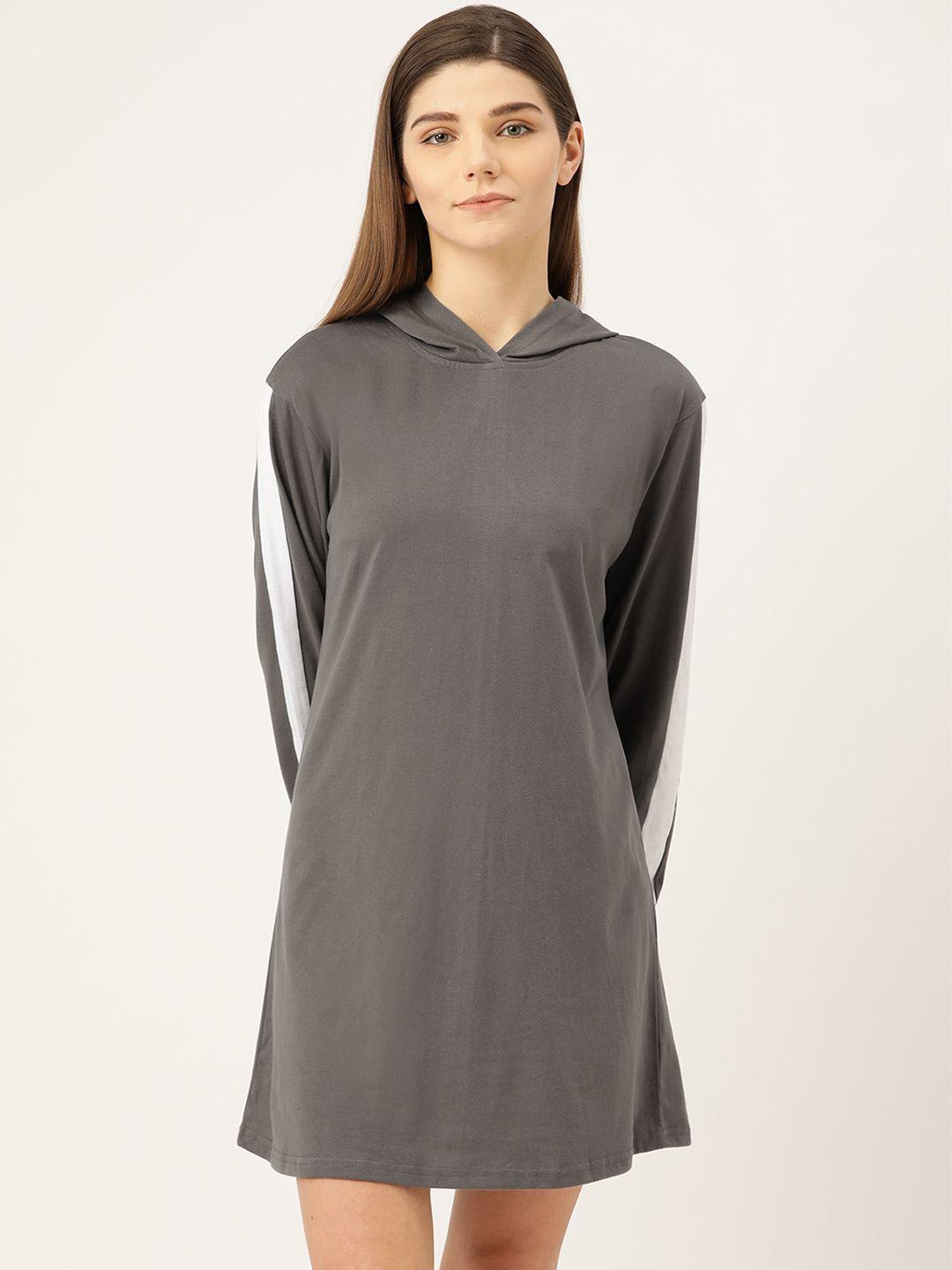 klamotten charcoal grey pure cotton solid hooded sleep shirts