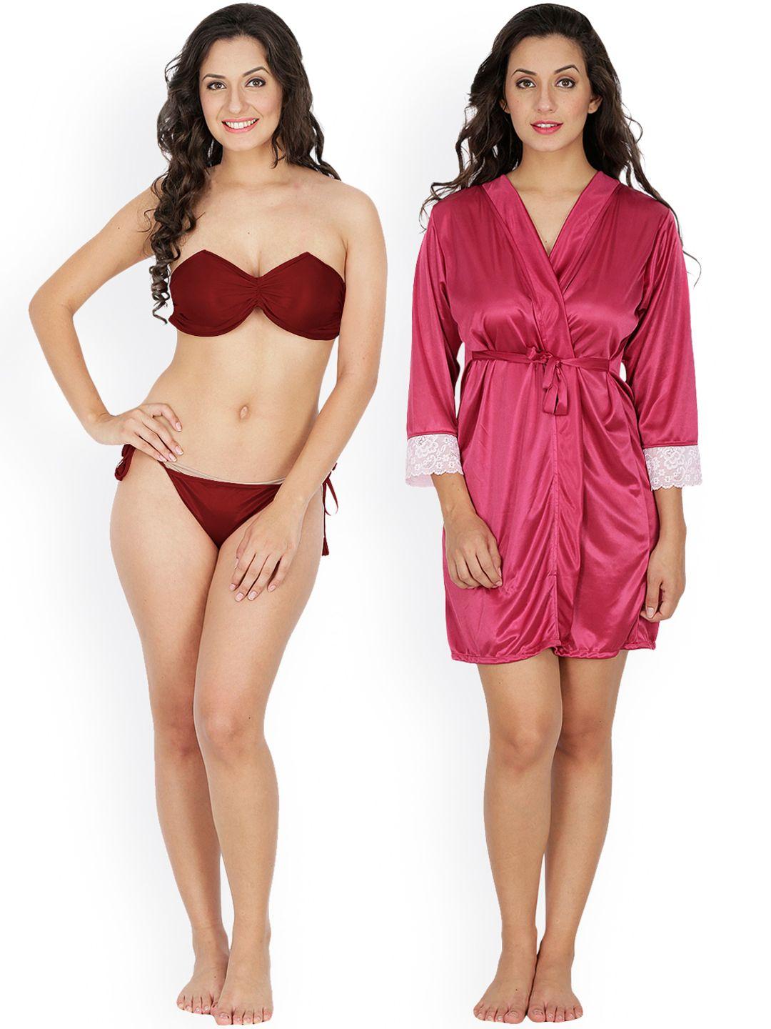 klamotten maroon & magenta lingerie set with robe 221m-209w