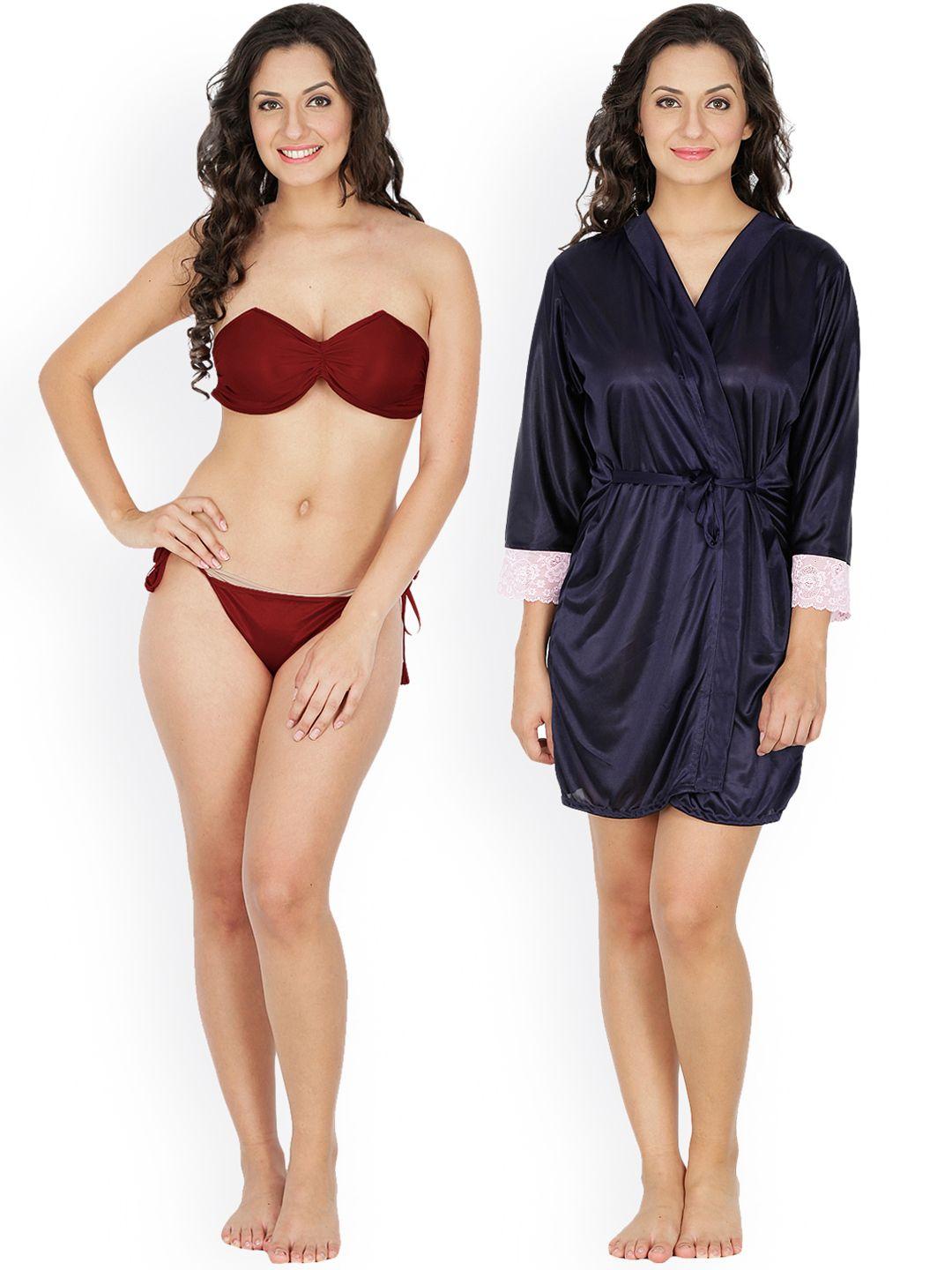 klamotten maroon & navy blue lingerie set with robe 221m-209n