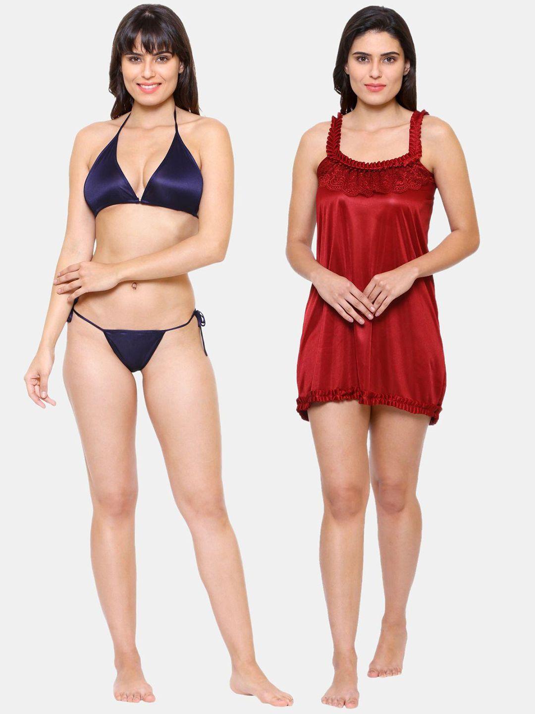 klamotten red & navy blue satin baby doll & bikini set