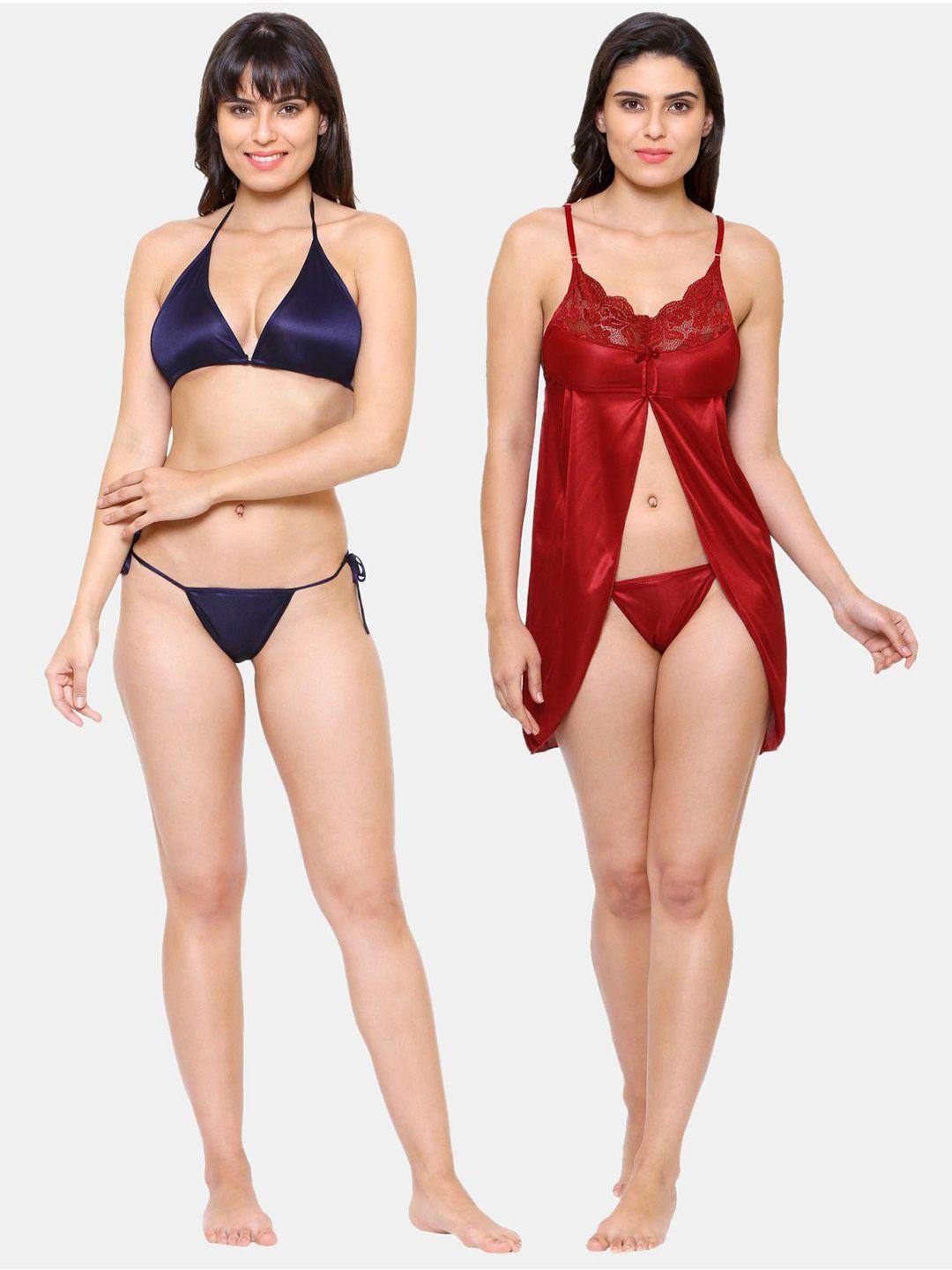 klamotten set of 2 navy blue & red satin baby doll & bikini set