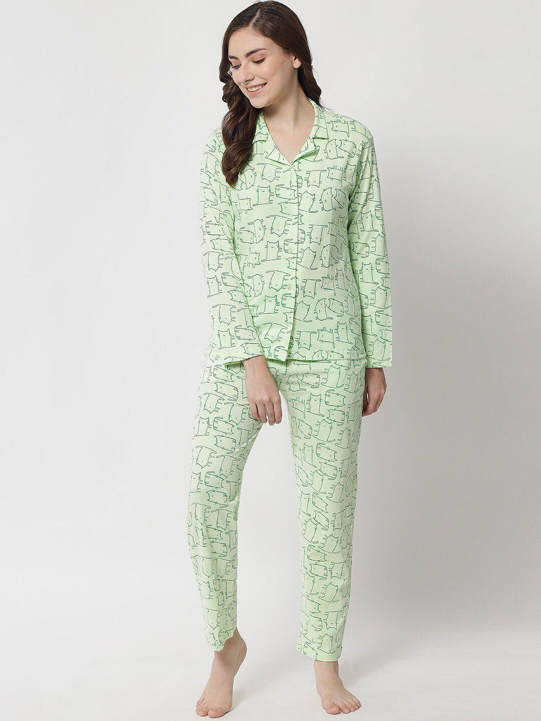 klamotten women green & white printed night suit