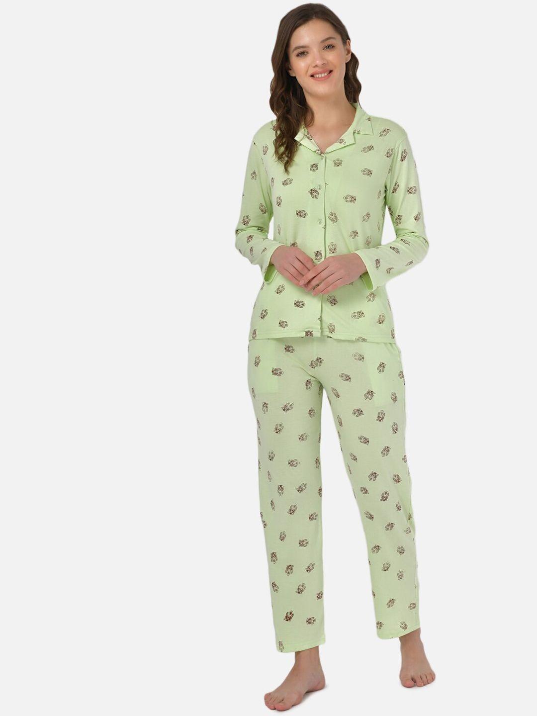 klamotten women green printed night suit