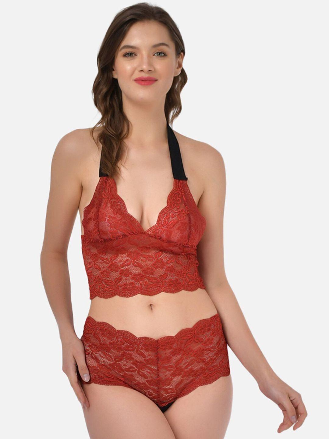 klamotten women maroon lace self-design lingerie set