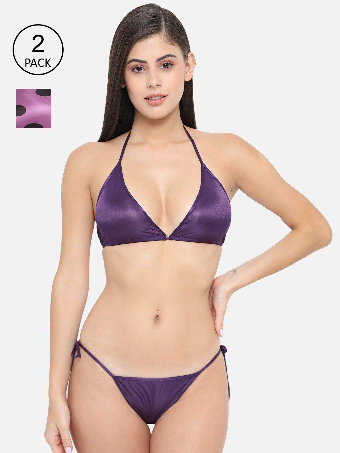 klamotten women pack of 2 purple & black solid lingerie set