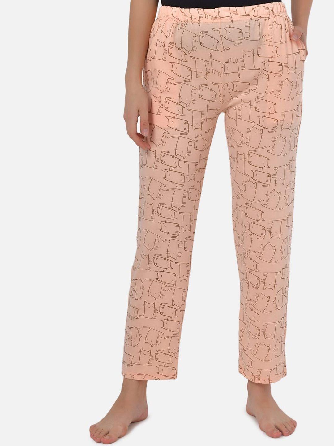 klamotten women peach & brown printed lounge pants