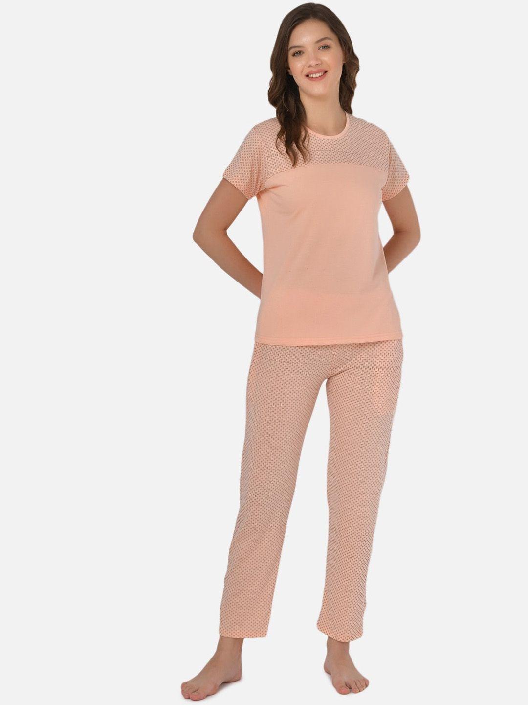 klamotten women peach solid night suit