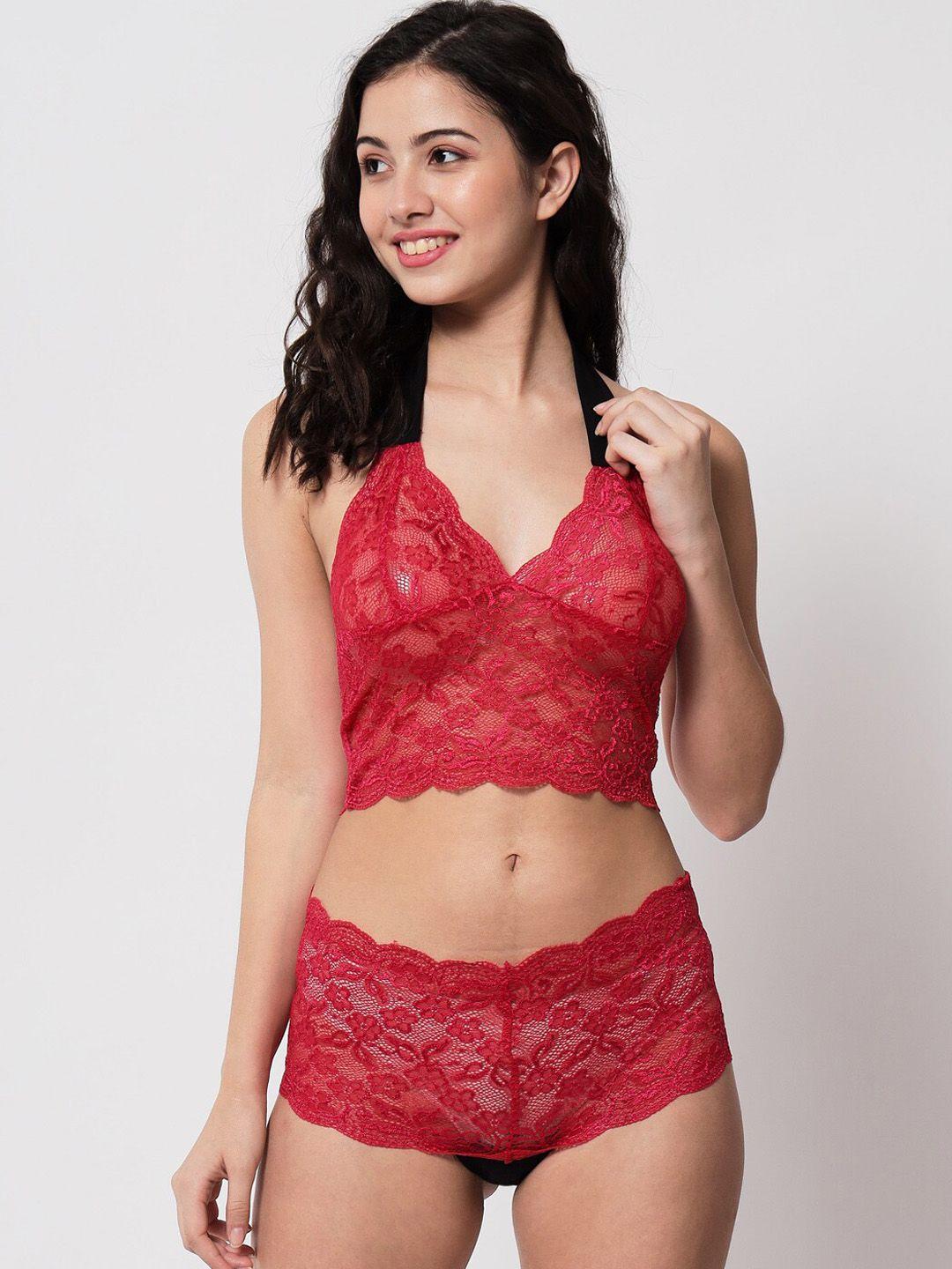 klamotten women red lace halter bra and thong lingerie set