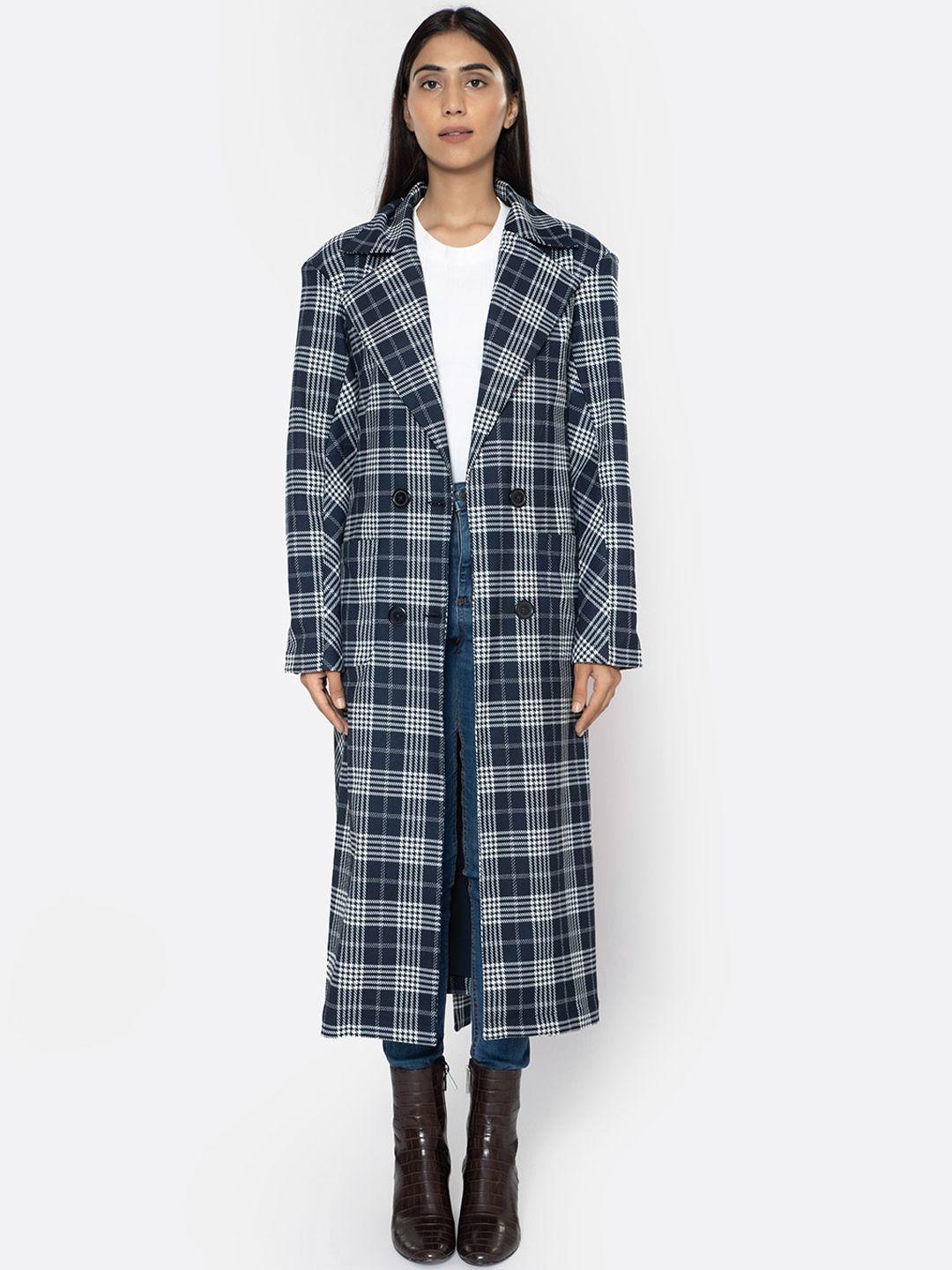 klas nobl women navy blue & white checked double breasted long coat