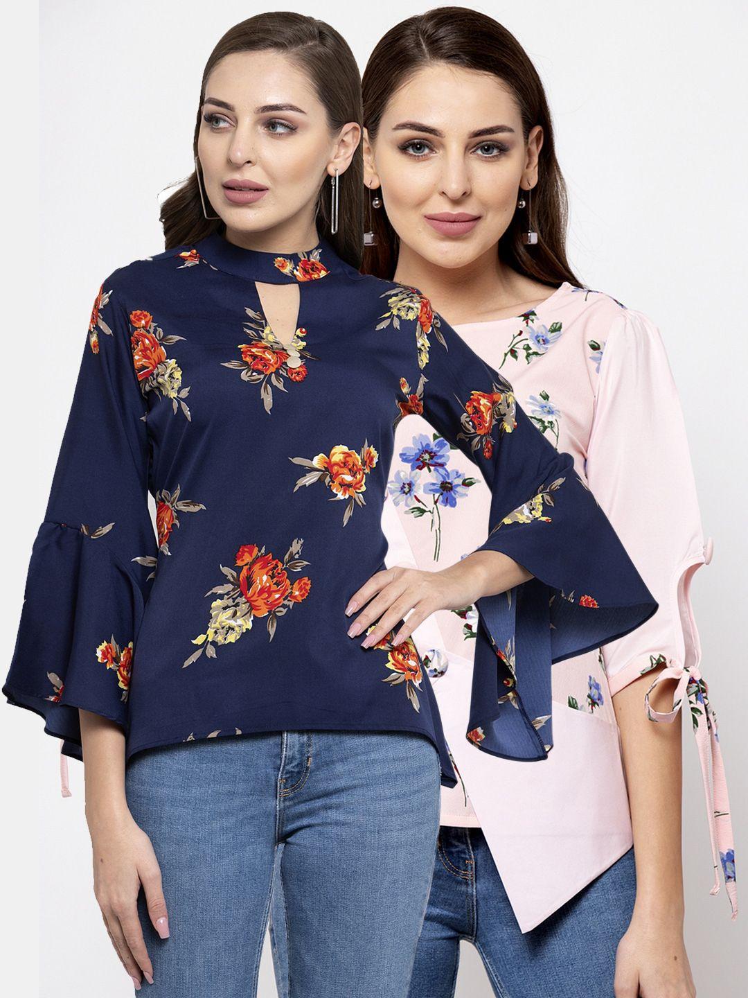 klauressa women pack of 2 pink & navy blue floral printed top