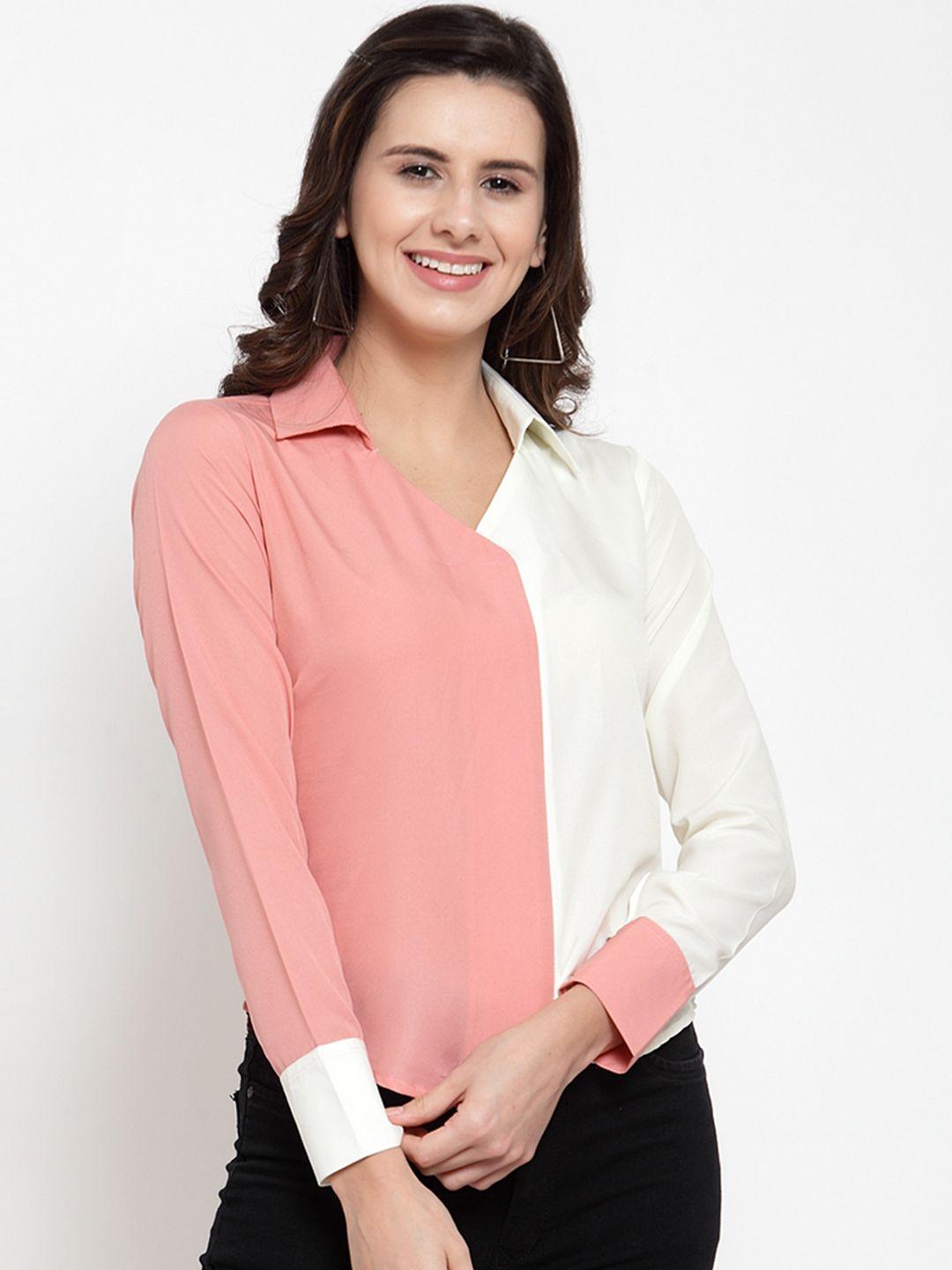 klauressa women pink & white colourblocked shirt style top
