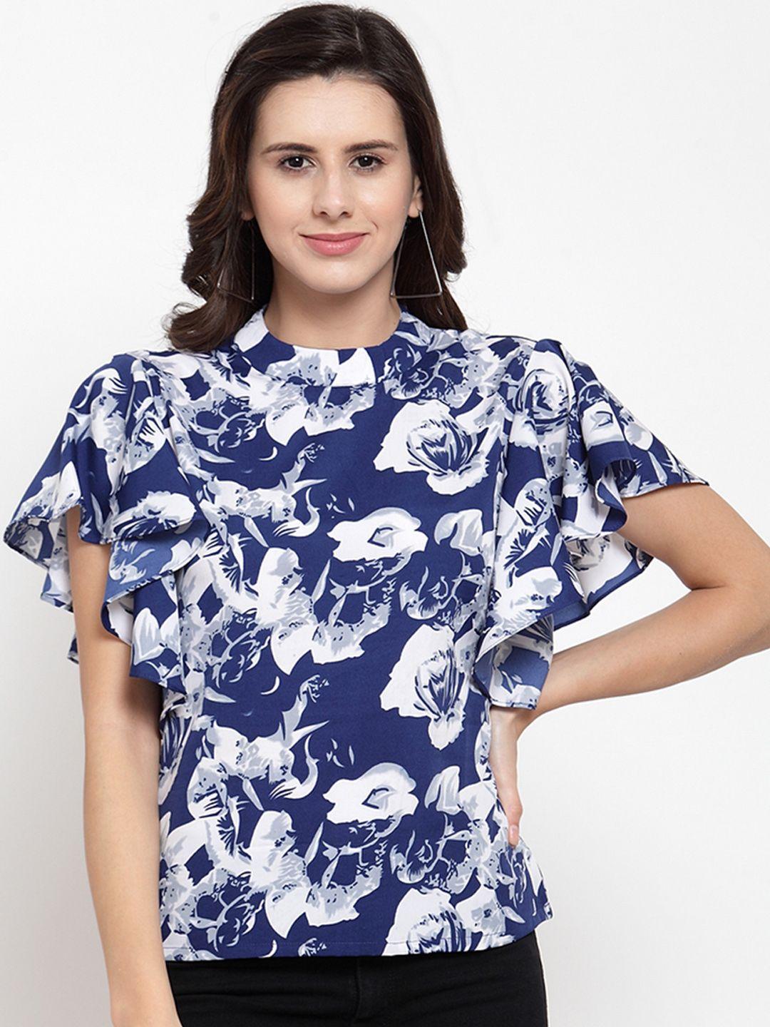 klauressa women white & navy blue printed top