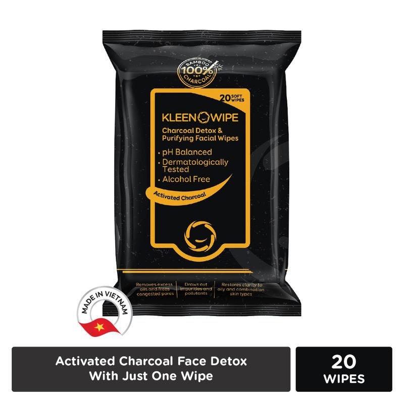 kleenowipe activated charcoal detox & purifying facial wipes - 20pcs