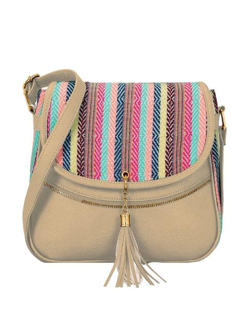 kleio beige embroidered medium sling handbag