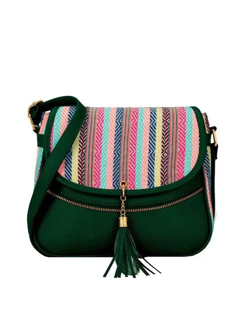 kleio green embroidered medium sling handbag