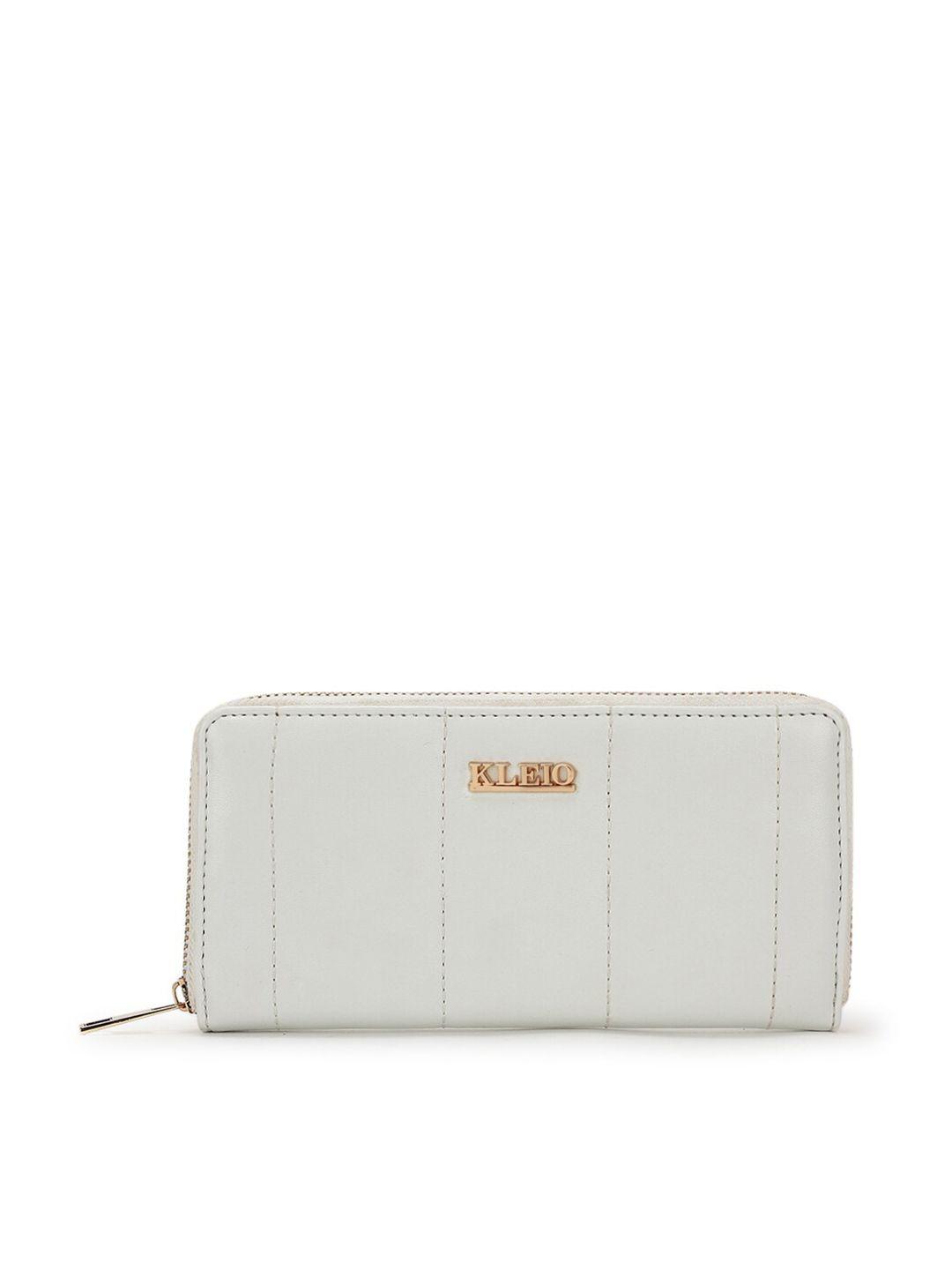 kleio women white & gold-toned textured quilted pu zip around wallet with passport holder