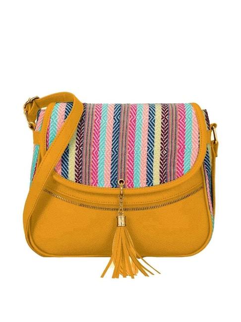 kleio yellow embroidered medium sling handbag