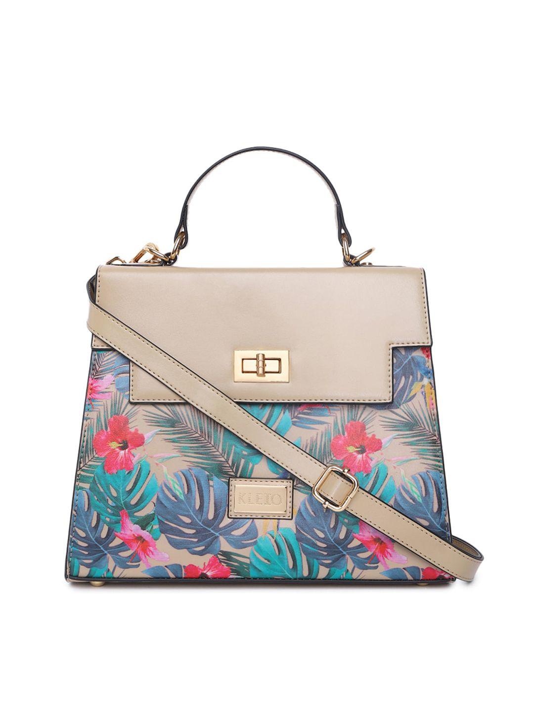 kleio beige floral printed pu structured satchel