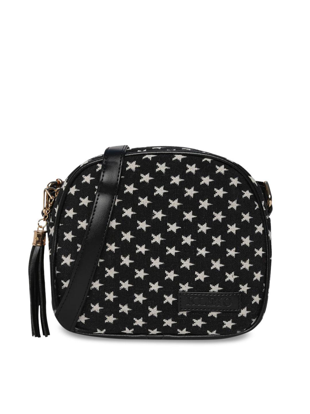 kleio black geometric printed structured sling bag with tasselled