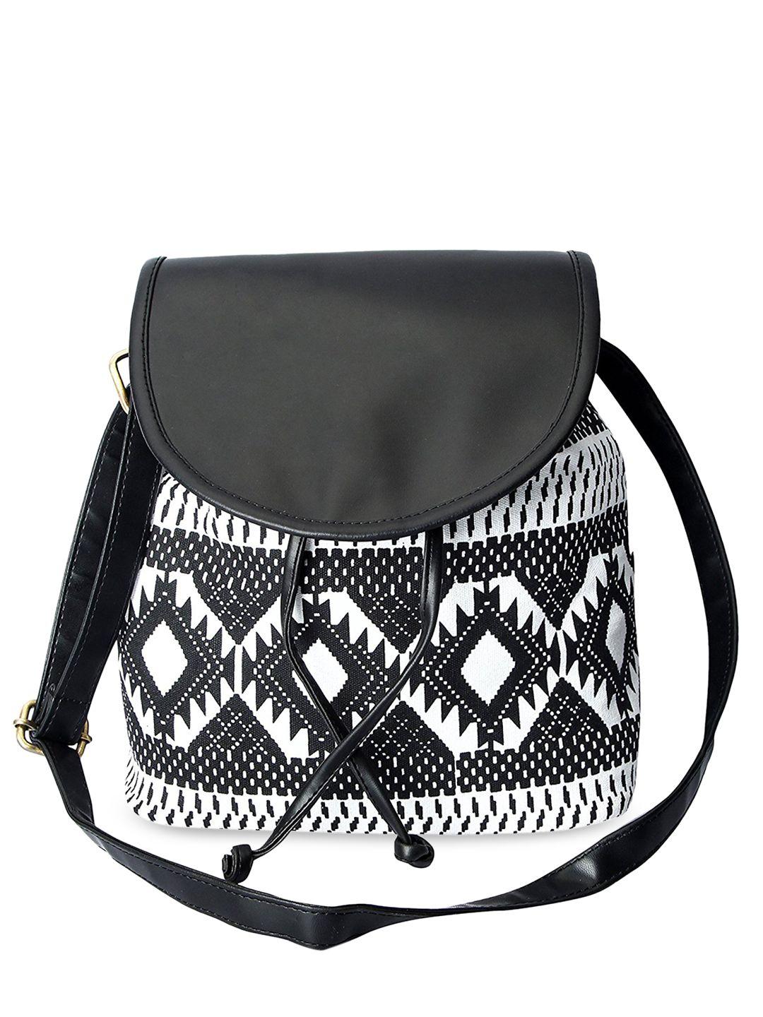 kleio black geometric pu canvas crossbody bucket sling bag with tasselled