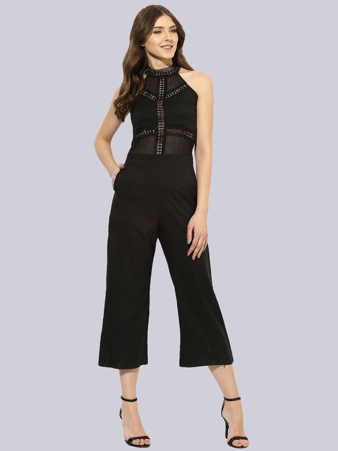 kleio black halter neck basic jumpsuit with lace inserts