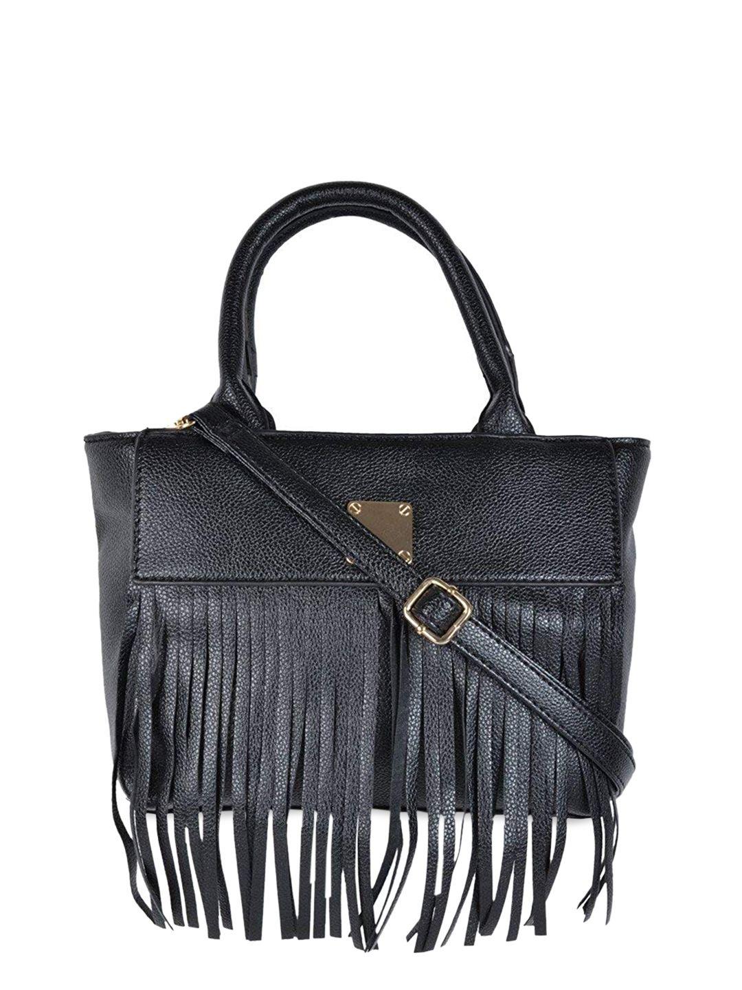 kleio black pu structured fringed handheld bag