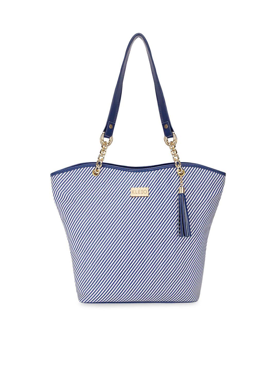 kleio blue textured structured shoulder bag with tasselled