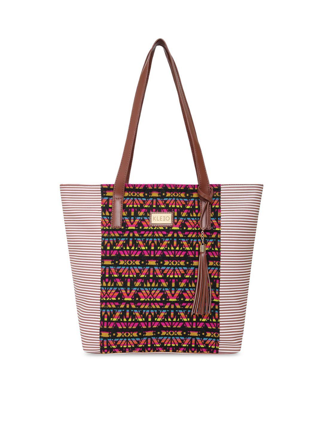 kleio brown ethnic motifs striped shopper shoulder bag with tasselled