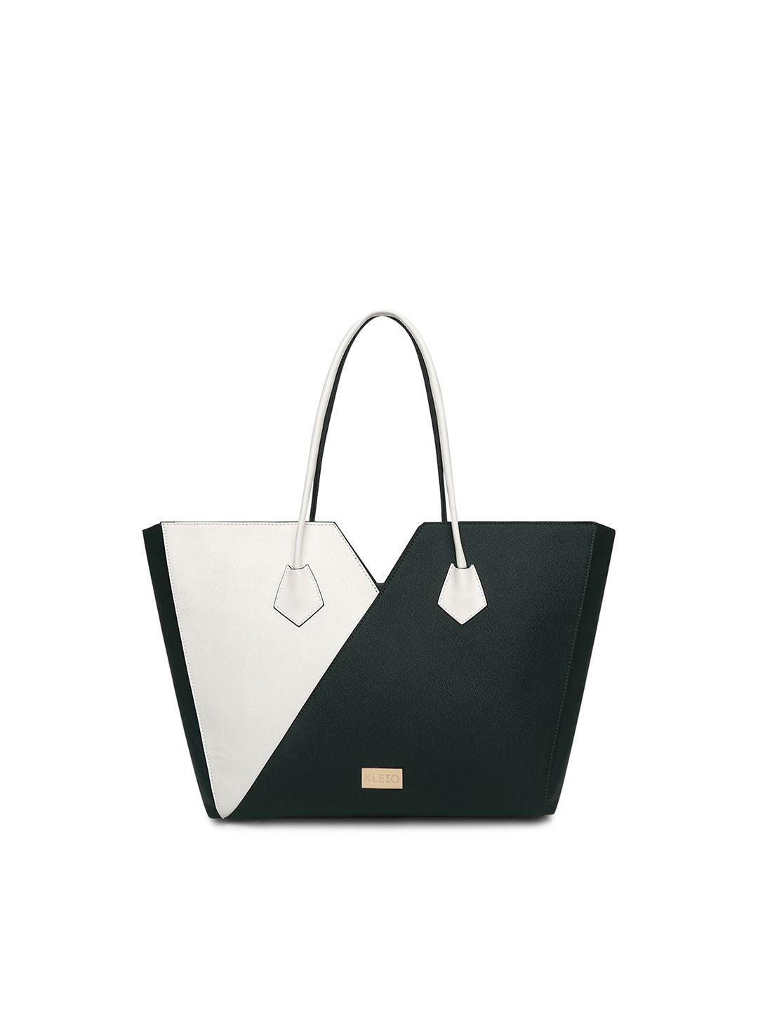 kleio green & white colourblocked pu oversized shopper tote bag