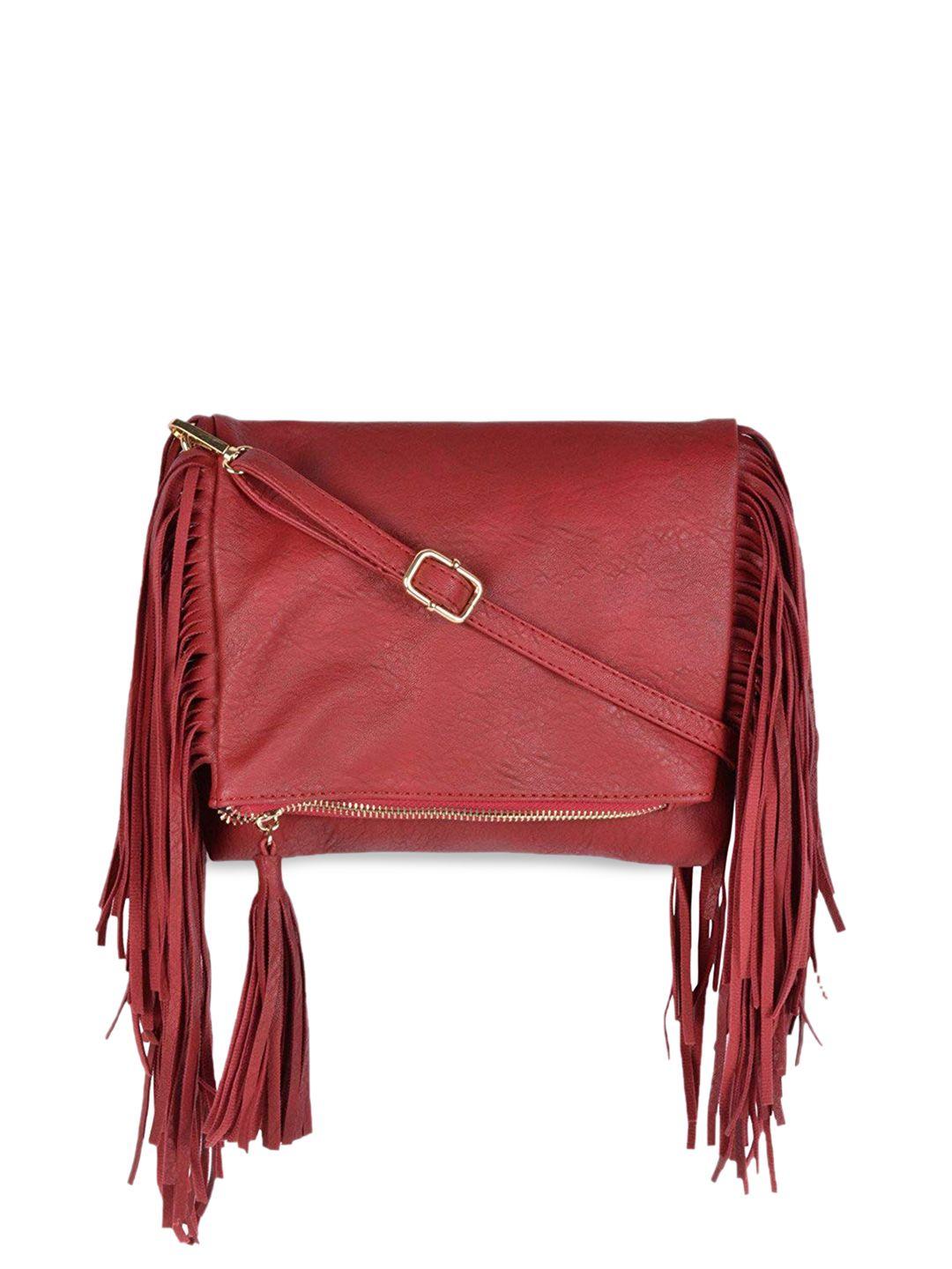 kleio maroon pu structured sling bag with tasselled