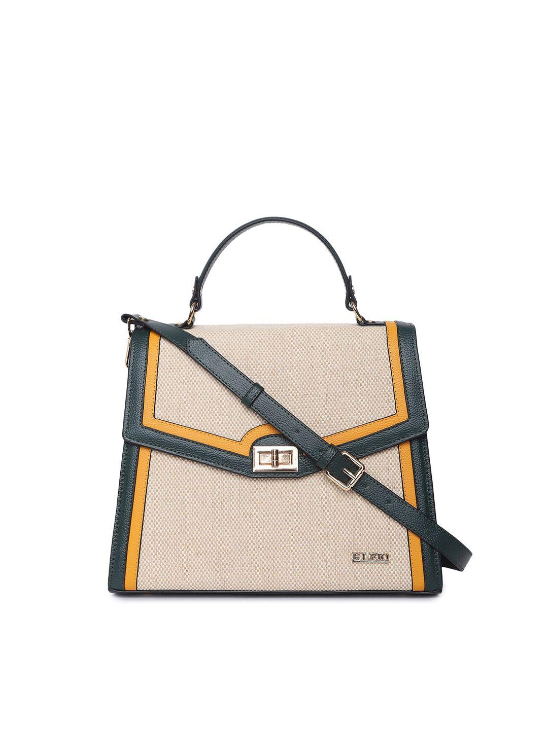 kleio mustard & beige textured structured satchel bag