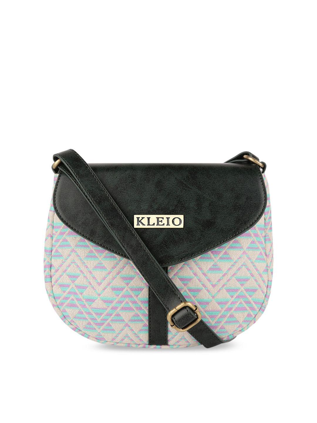 kleio olive green geometric printed pu structured jacquard sling bag with quilted