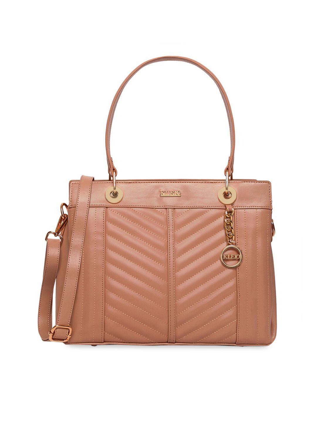 kleio peach-coloured pu structured quilted satchel bag