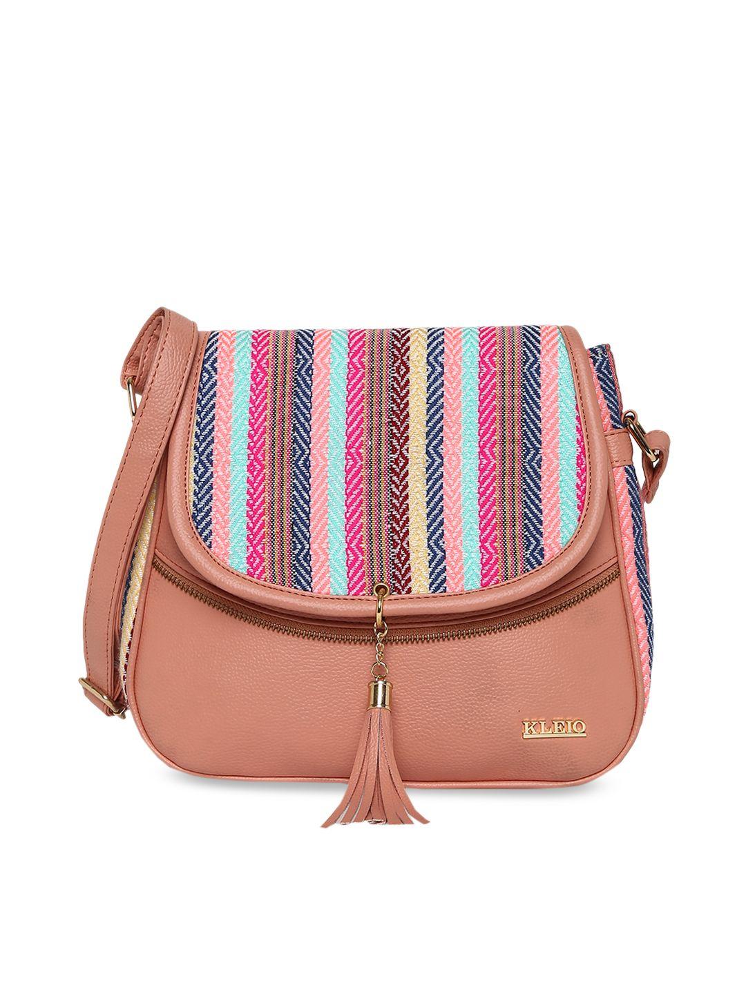 kleio peach-coloured self design sling bag