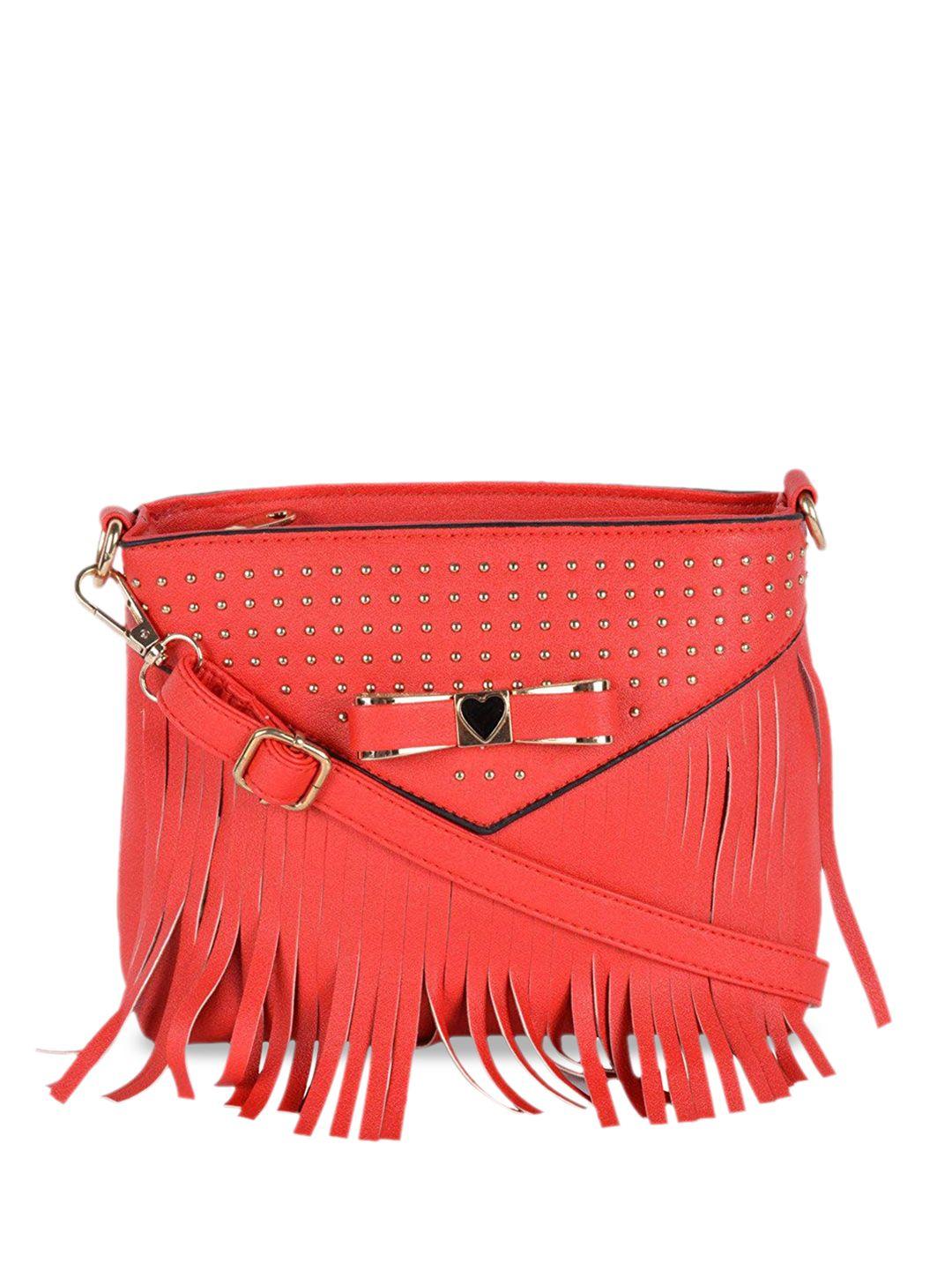 kleio red pu structured sling bag with fringed