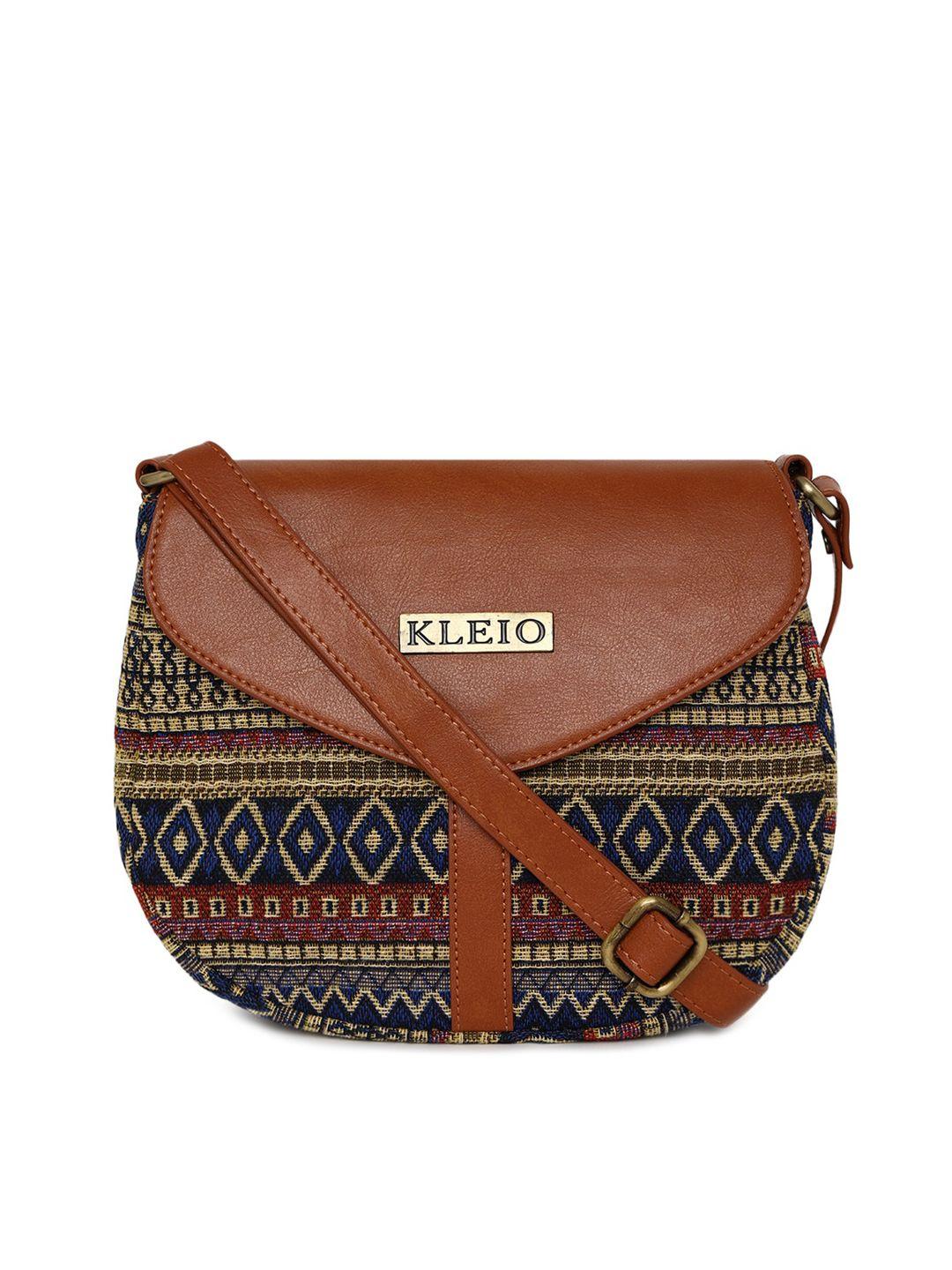 kleio tan brown & navy blue jacquard woven design half moon sling bag & strap