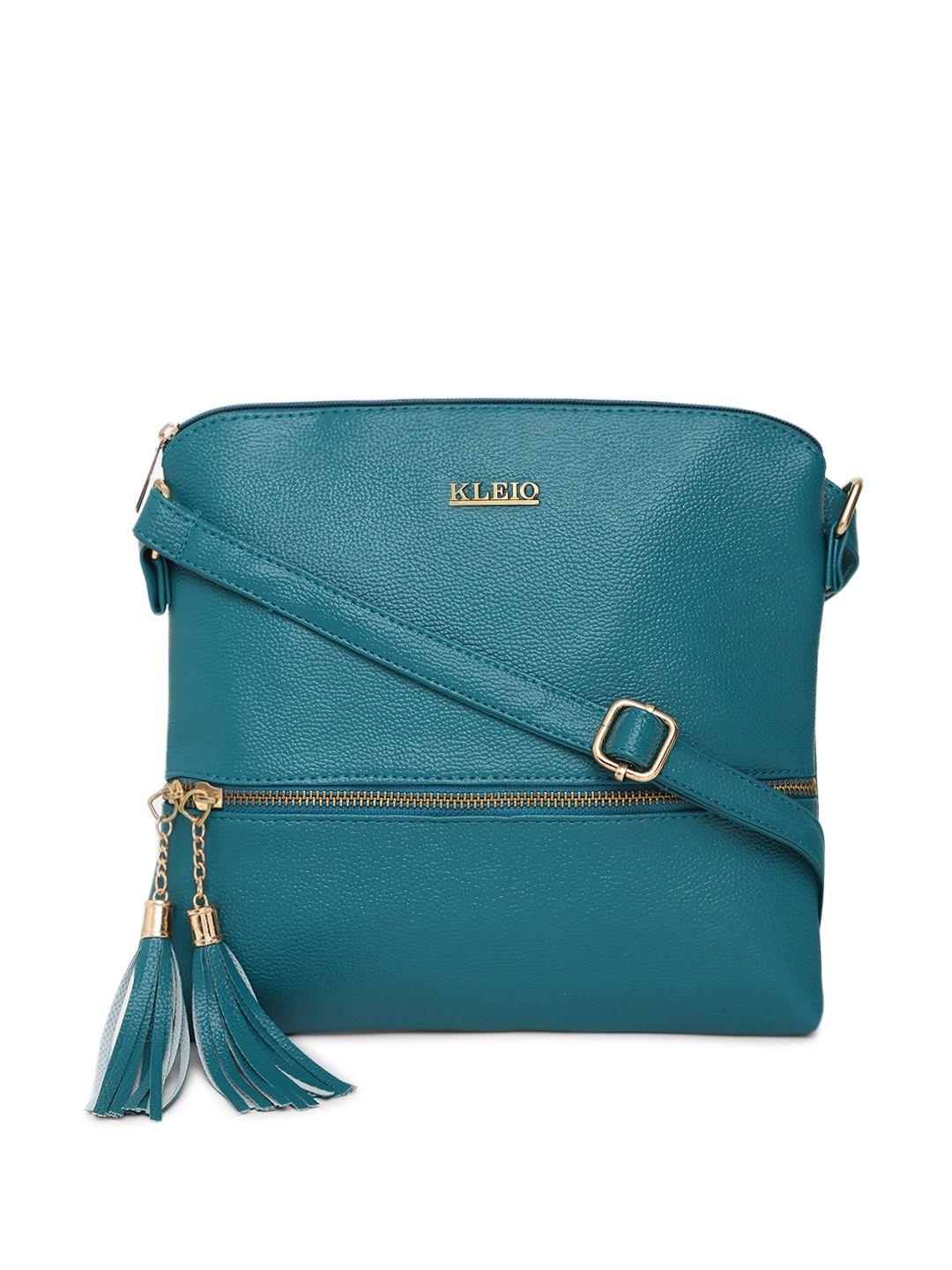 kleio teal green solid tasseled sling bag