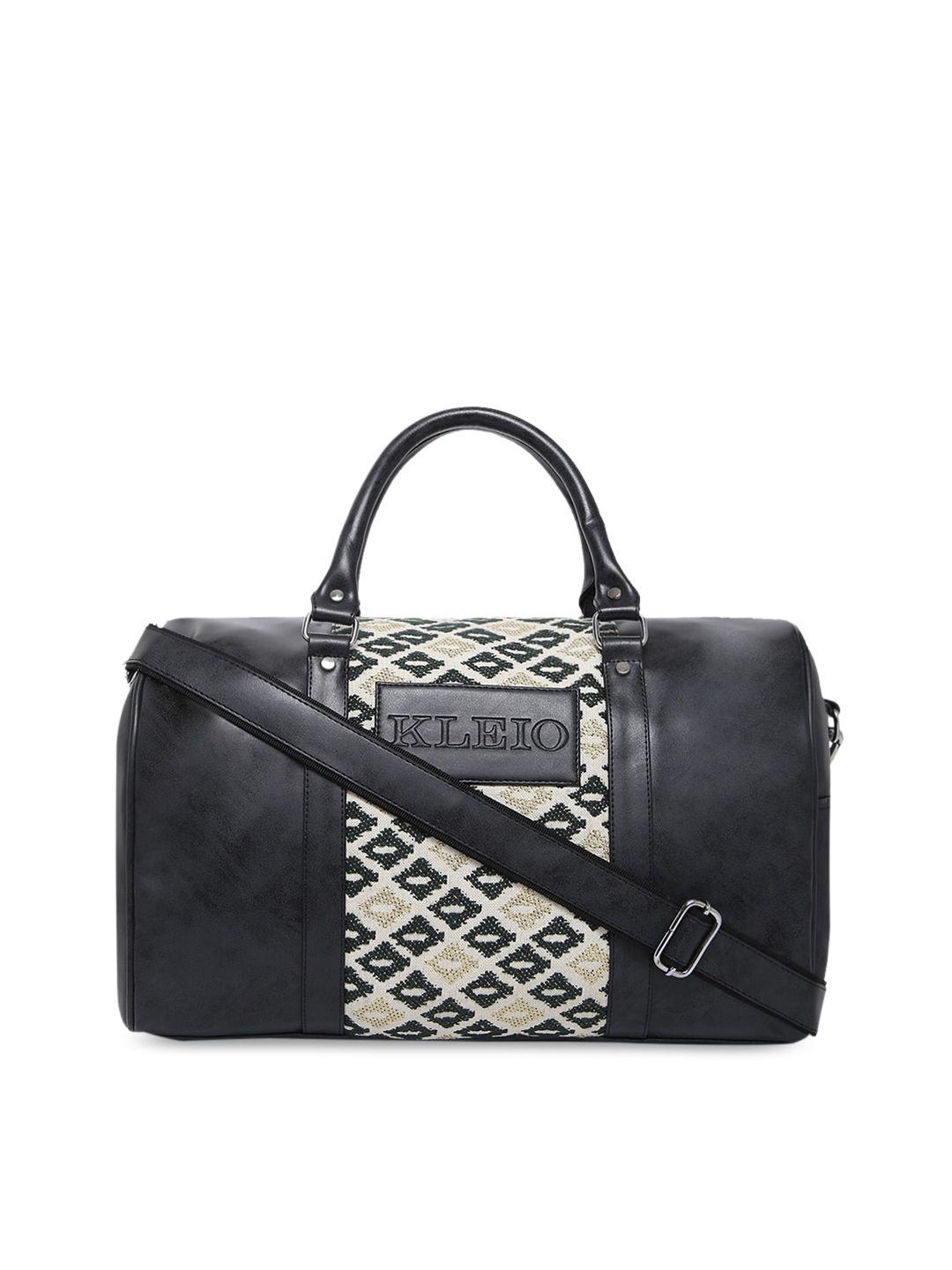 kleio unisex black & beige printed vegan leather jacquard large travel duffle bag