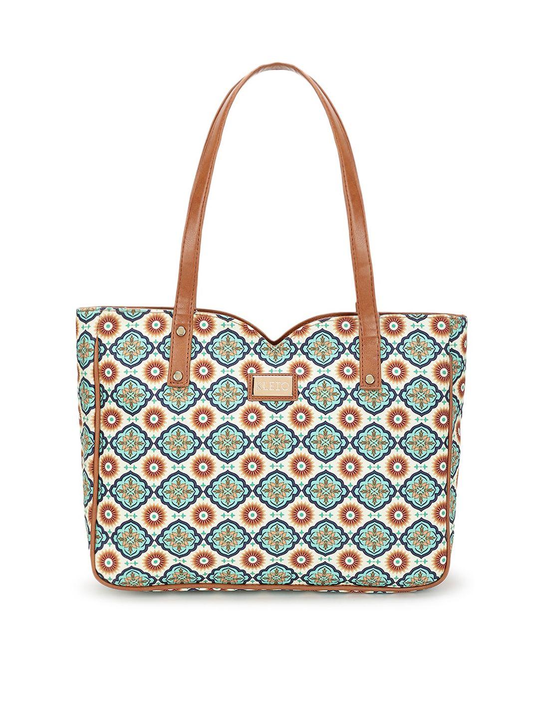 kleio white & blue geometric printed structured tote bag