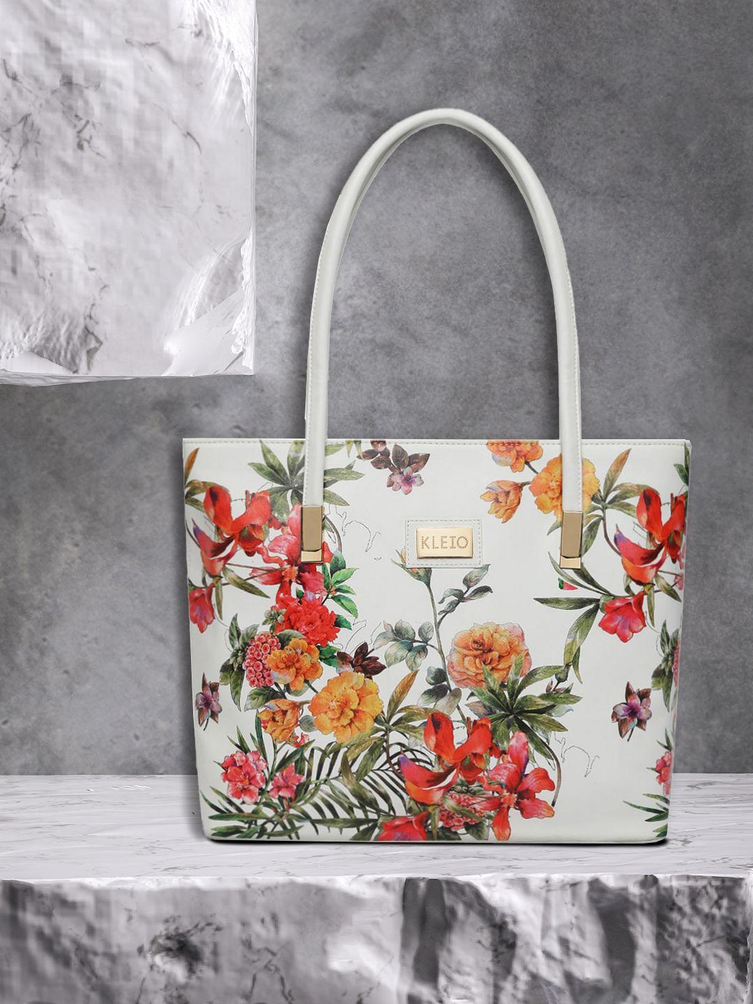 kleio white & green floral printed pu shopper tote bag