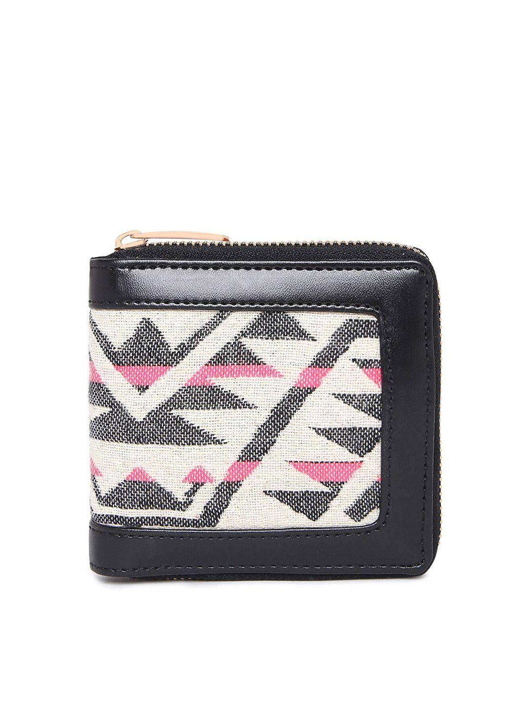 kleio women black & white geometric self design zip around wallet