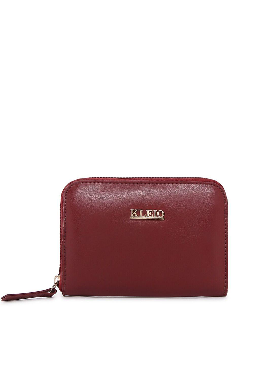 kleio women maroon solid synthetic leather zip around wallet