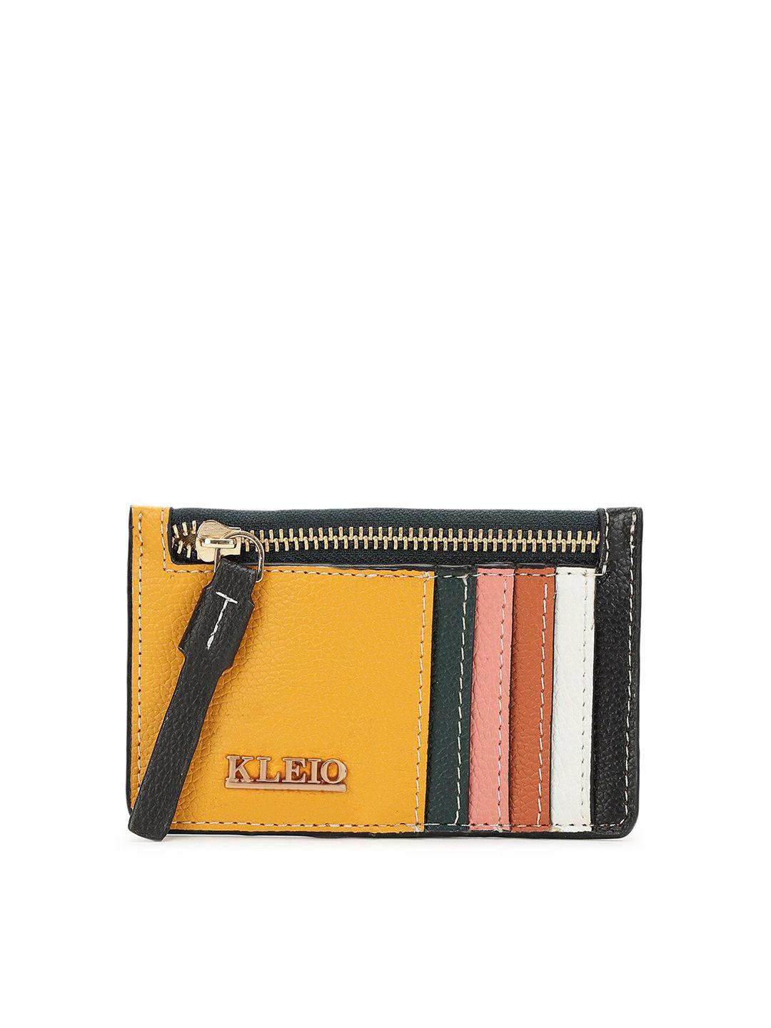 kleio women mustard & black colourblocked pu zip around wallet
