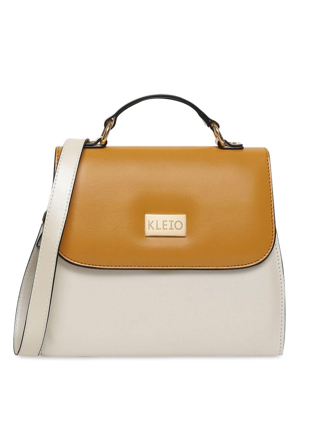 kleio women mustard & cream colourblocked pu structured handheld bag