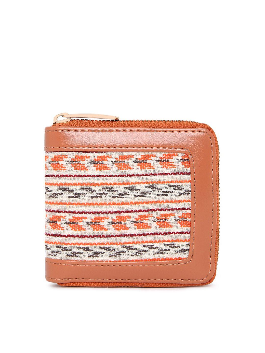 kleio women orange & white geometric self design zip around wallet