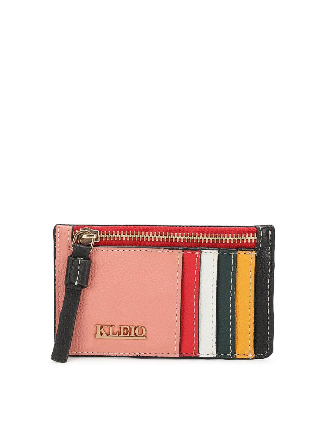 kleio women peach-coloured & white colourblocked pu zip around wallet
