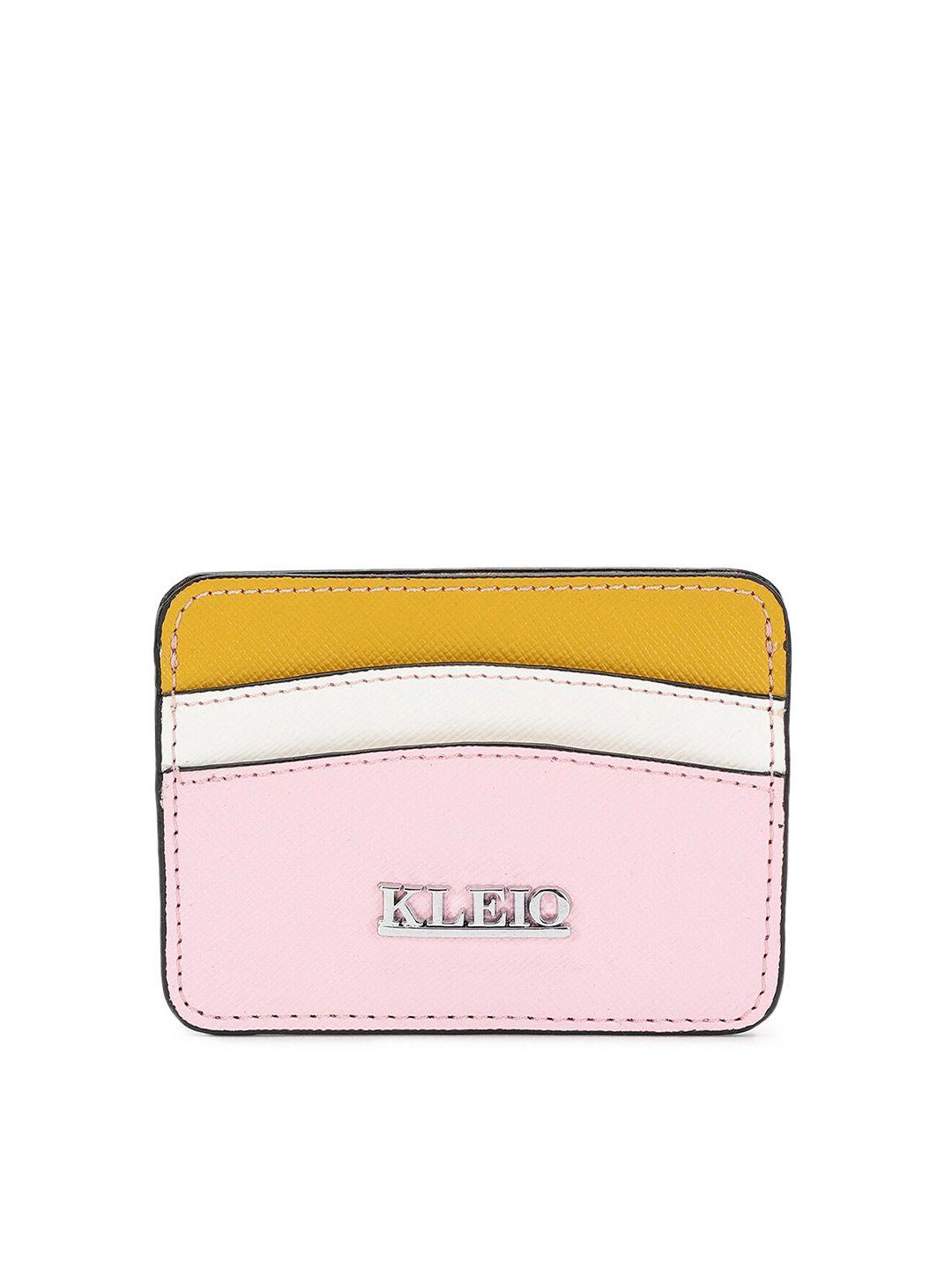 kleio women pink & mustard colourblocked pu card holder