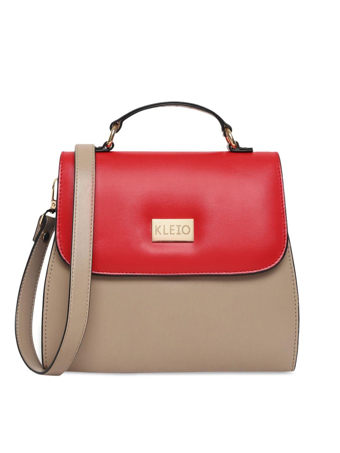 kleio women red & beige colourblocked structured handheld bag