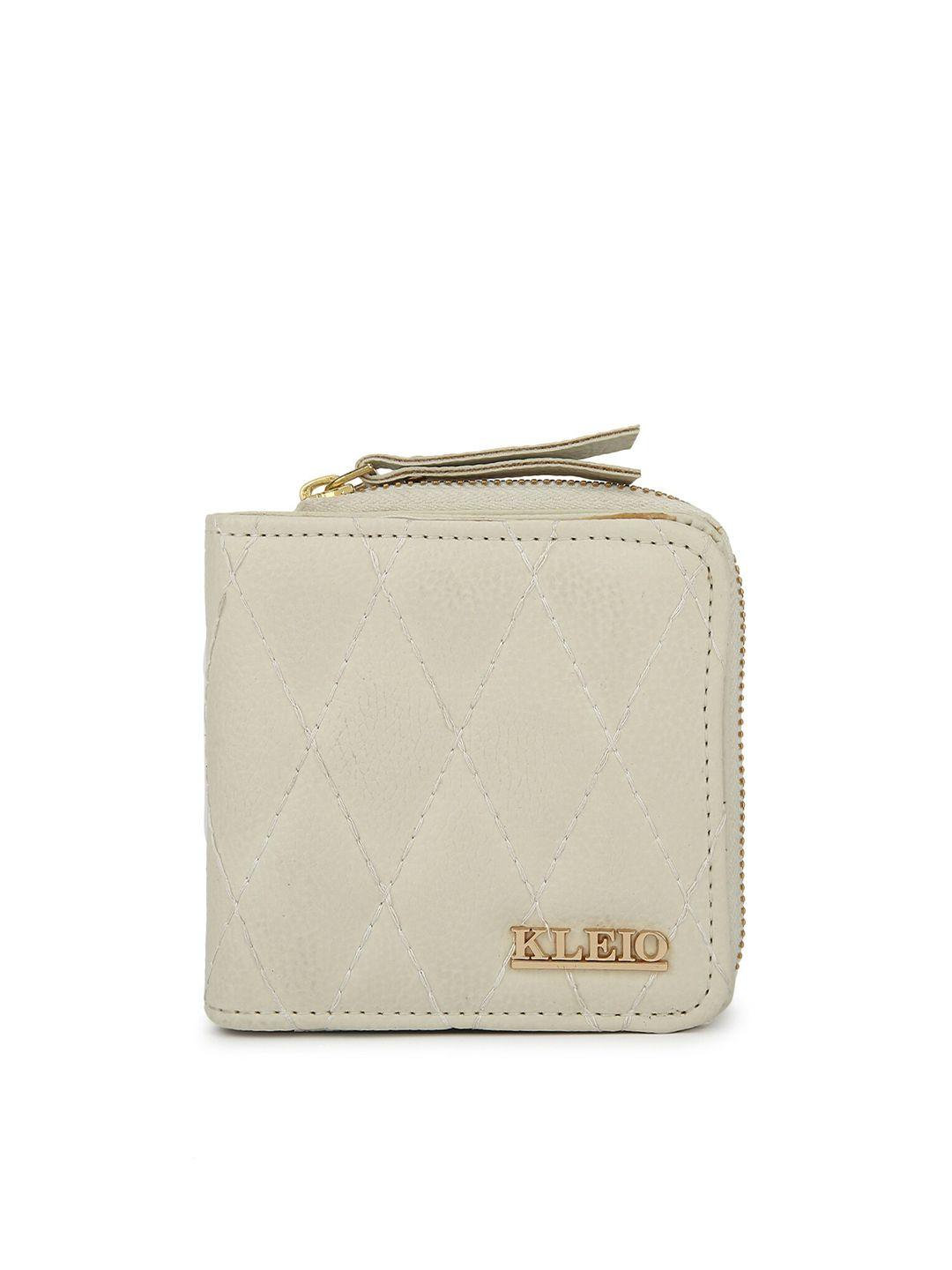 kleio women white textured quilted synthetic leather zip around wallet